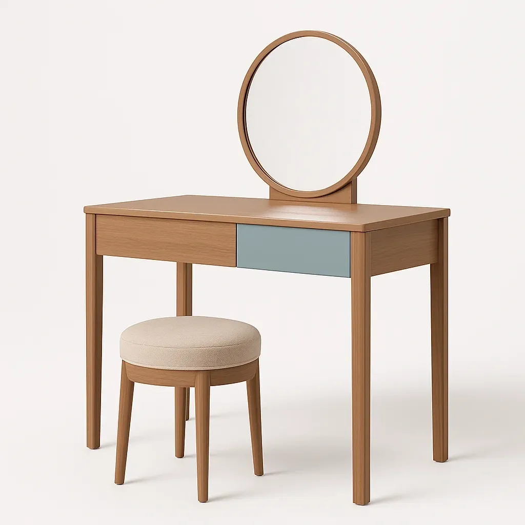 Sminkbord och pall set i ek med rund spegel och beige stoppning