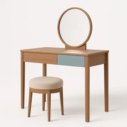 Sminkbord och pall set i ek med rund spegel och beige stoppning