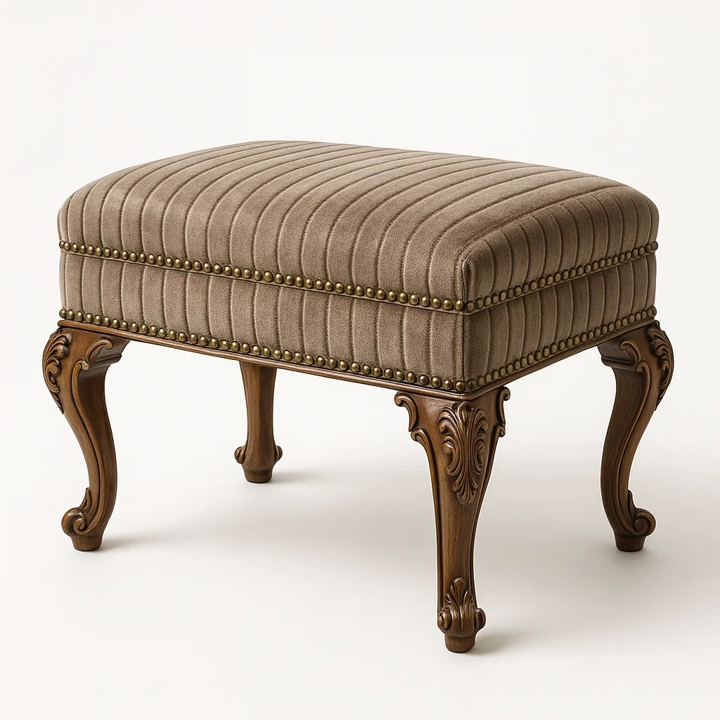 Sminkpallar brun fotpall i tyg med snidade träben