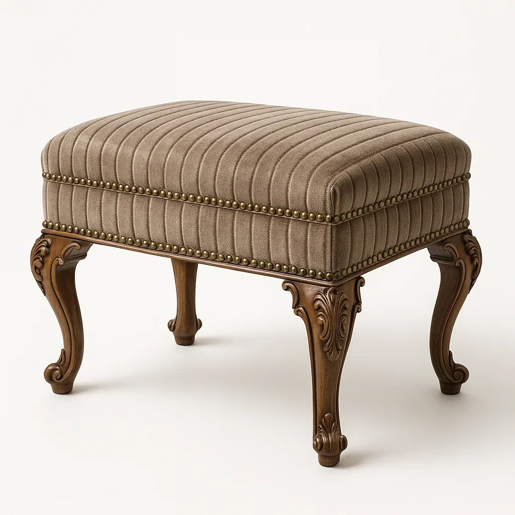 Sminkpallar brun fotpall i tyg med snidade träben