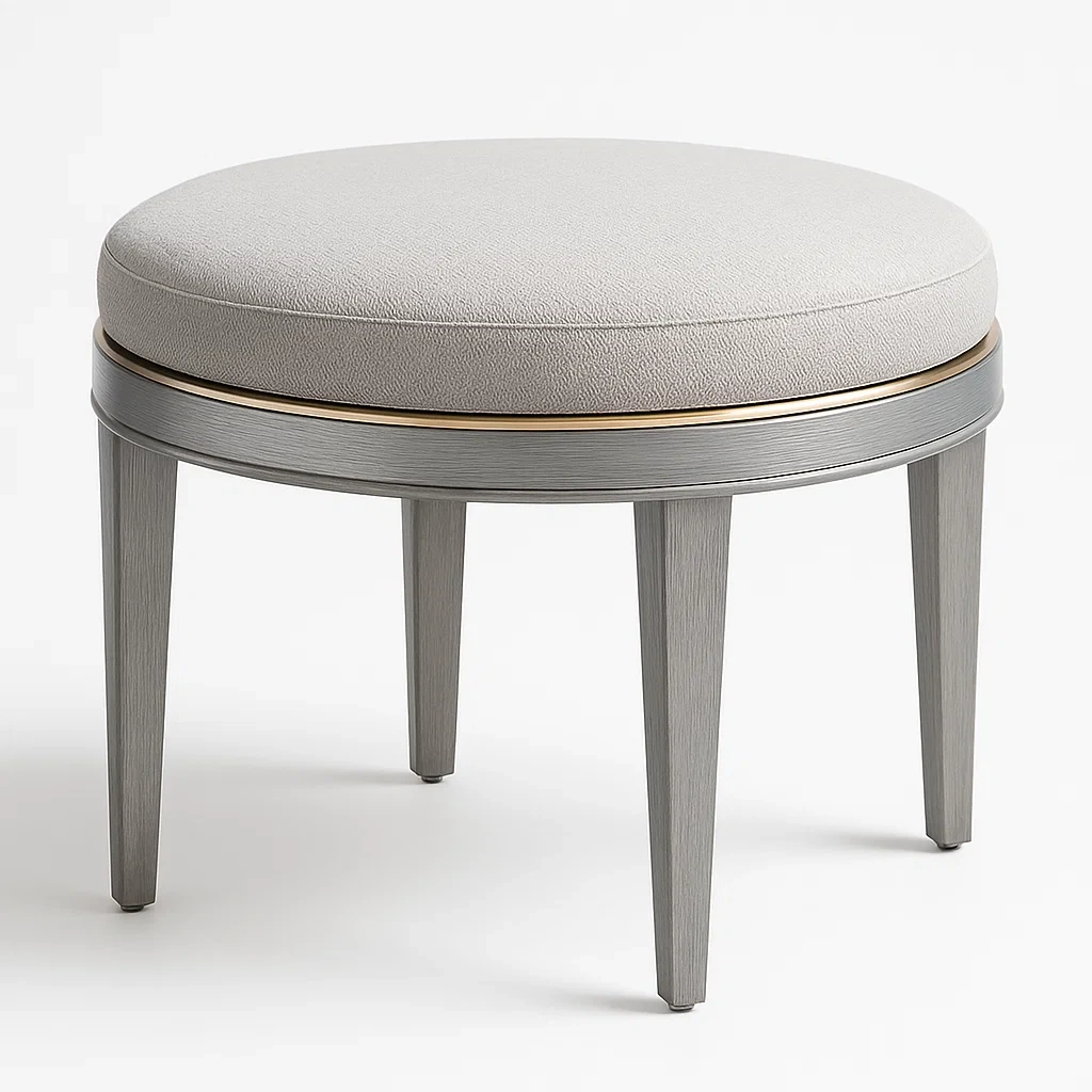 Sminkpallar rund pall i beige tyg med träben.