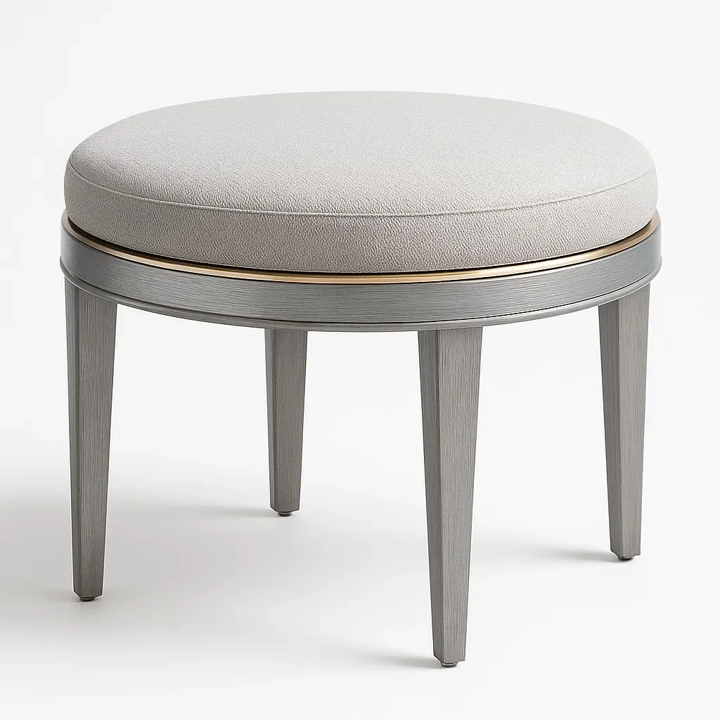 Sminkpallar rund pall i beige tyg med träben.