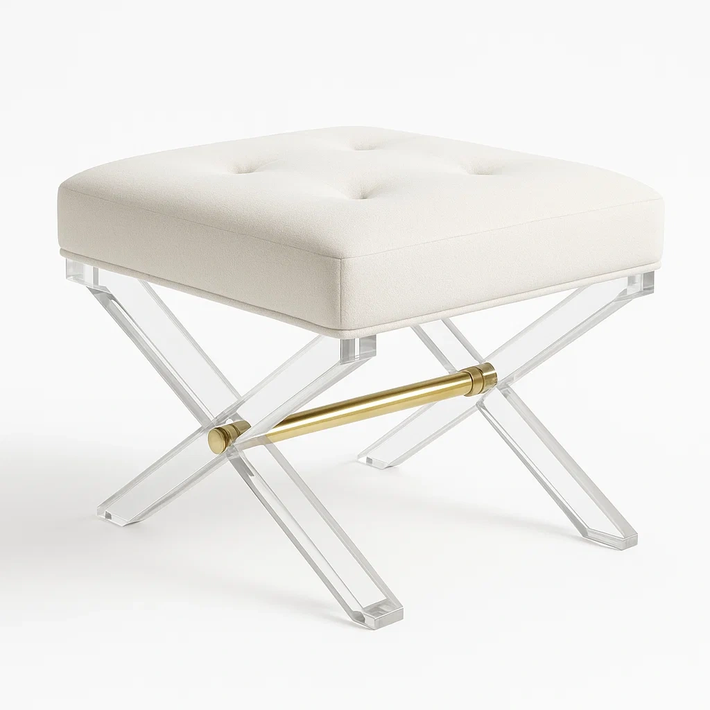 Sminkpallar i akryl och krämfärgat tyg med X-formad bas och mässingsdetaljer