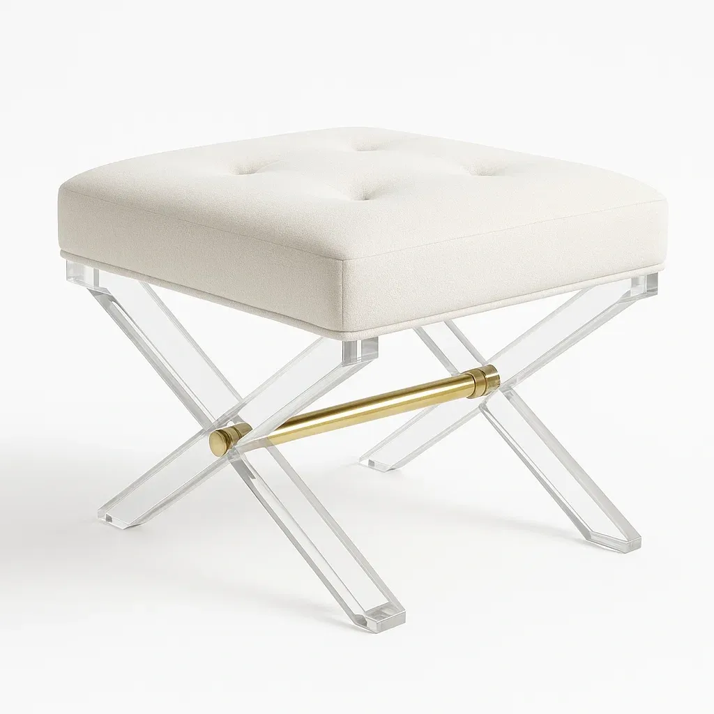 Sminkpallar i akryl och krämfärgat tyg med X-formad bas och mässingsdetaljer