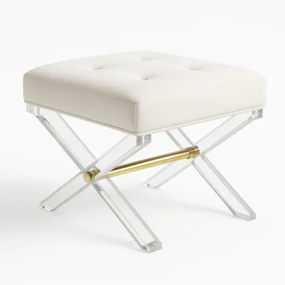 Sminkpallar i akryl och krämfärgat tyg med X-formad bas och mässingsdetaljer