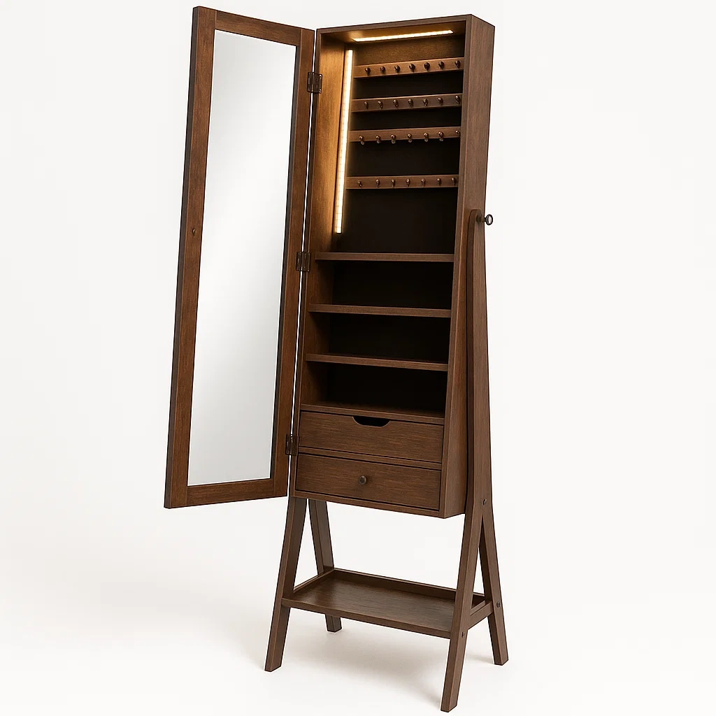 Smyckesskåp i valnöt med spegel och LED-belysning