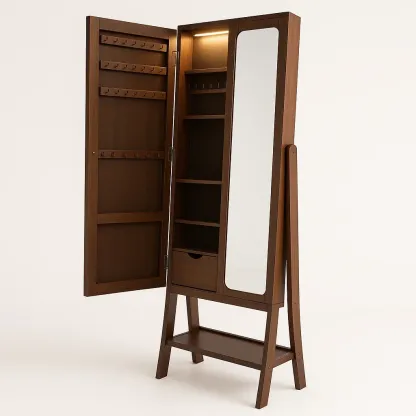 Smyckesskåp träsmyckesskåp med spegel och LED-belysning, brun