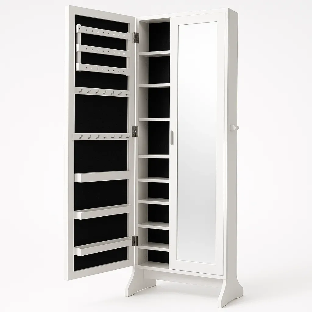 Smyckesskåp vitt smyckesskåp med spegel och förvaring i MDF och sammet