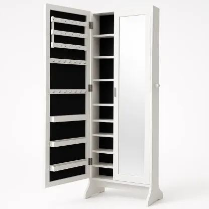 Smyckesskåp vitt smyckesskåp med spegel och förvaring i MDF och sammet