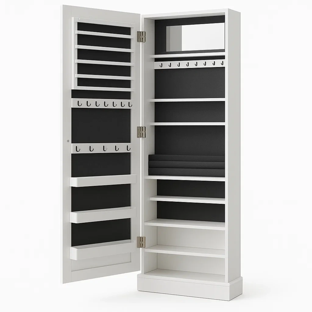 Smyckesskåp väggmonterat med spegel vit MDF och tyg