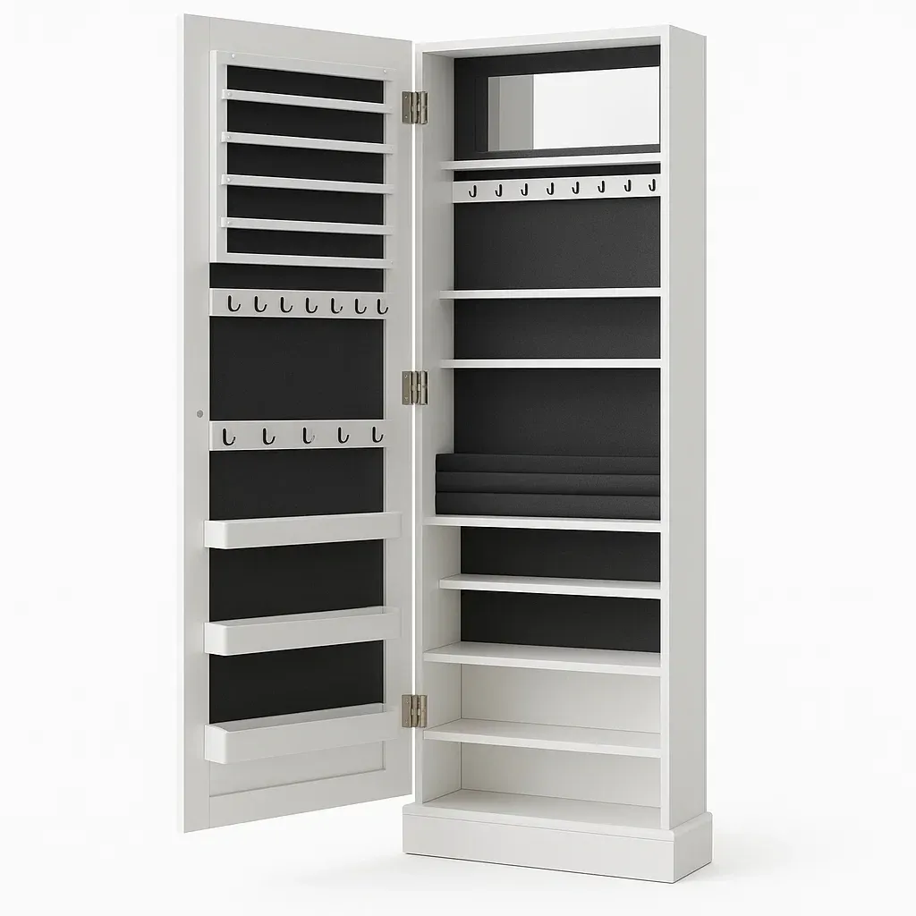 Smyckesskåp väggmonterat med spegel vit MDF och tyg