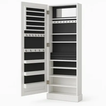 Smyckesskåp väggmonterat med spegel vit MDF och tyg