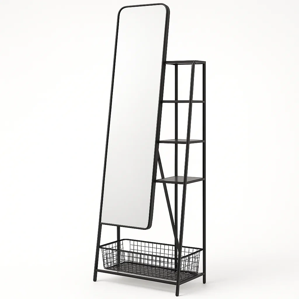 Golvspegel golvspegel med hylla i svart metall och härdat glas 170×45 cm