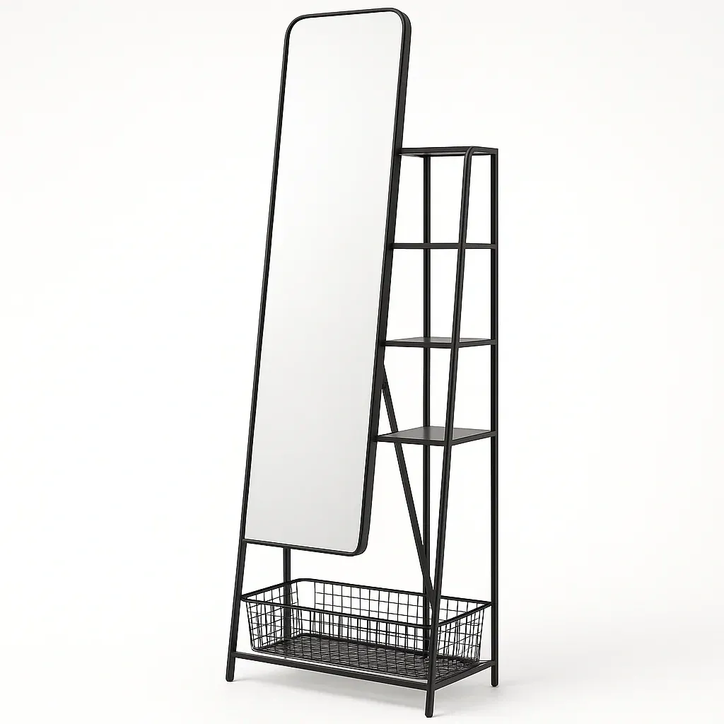 Golvspegel golvspegel med hylla i svart metall och härdat glas 170×45 cm