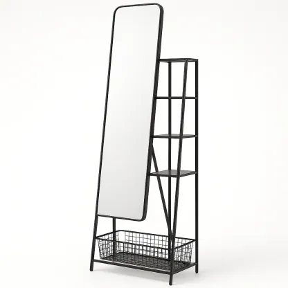 Golvspegel golvspegel med hylla i svart metall och härdat glas 170×45 cm