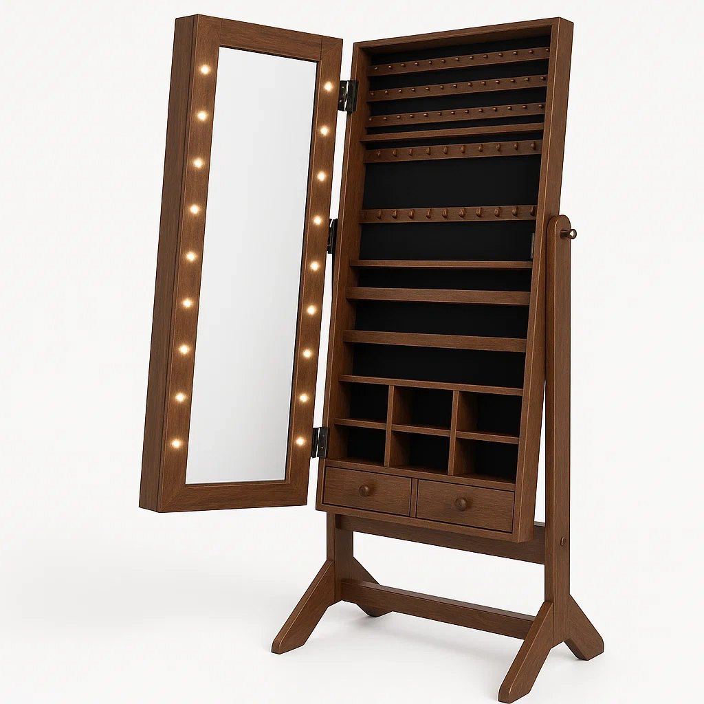 Smyckesskåp i trä med spegel och LED-belysning