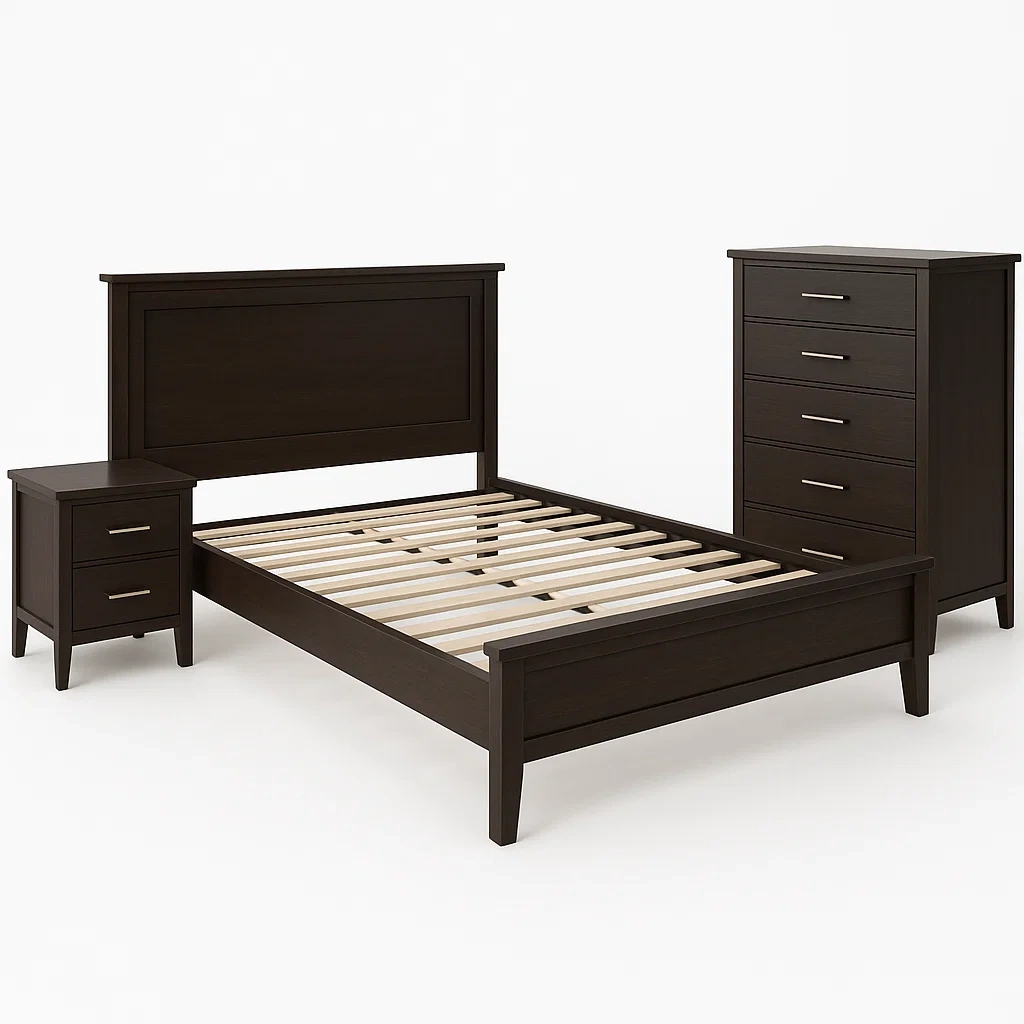 Sovrumsmöbelset i trä mörkbrun med sänggavel, sängbord och byrå