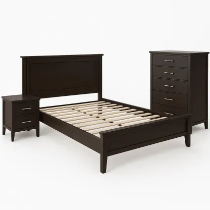 Sovrumsmöbelset i trä mörkbrun med sänggavel, sängbord och byrå