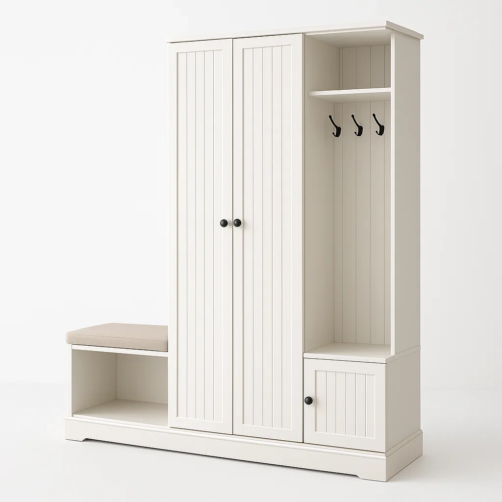 Hallmöbel med krokar och sittbänk vit hallförvaring med sittplats i trä med MDF och furu