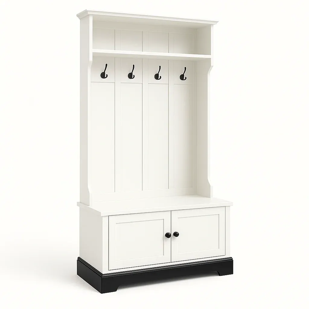 Hallmöbel med krokar och sittbänk vit MDF med svarta metallkrokar och förvaring