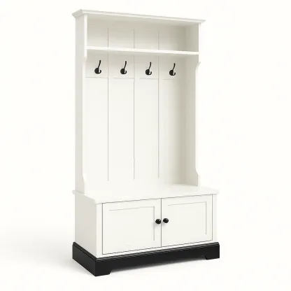 Hallmöbel med krokar och sittbänk vit MDF med svarta metallkrokar och förvaring