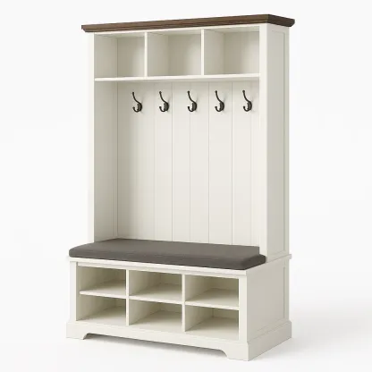 Hallmöbel med krokar och sittbänk vit hallmöbel med sittbänk i trä och metall