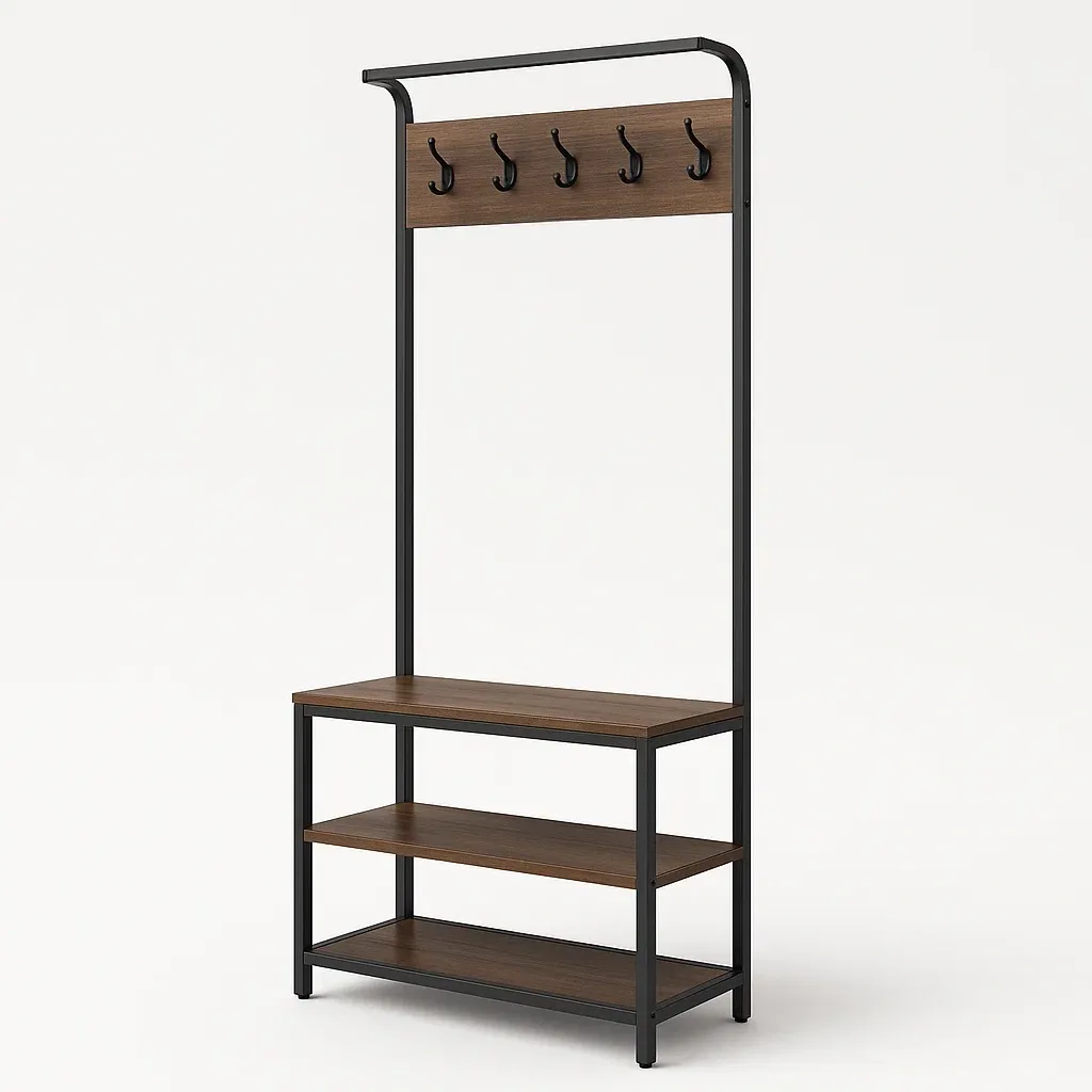 Hallmöbel med krokar och sittbänk hatthylla med träskiva och metallram brun/svart 178 cm