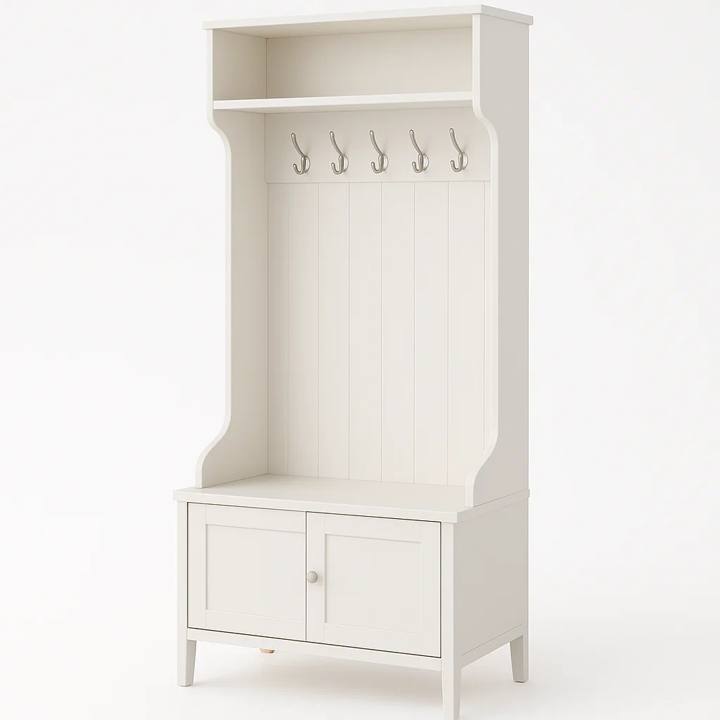 Hallmöbel med krokar och sittbänk vit hallmöbel med hylla och krokar i trä och metall
