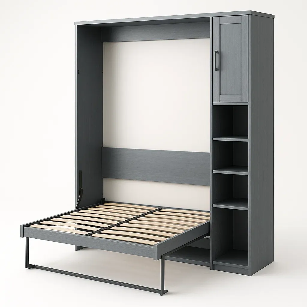 Uppfällbara sängar väggsäng med förvaringsskåp i grå metall och trä