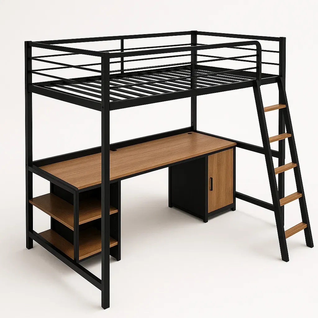 Våningssängar med skrivbord och stege i metall och trä