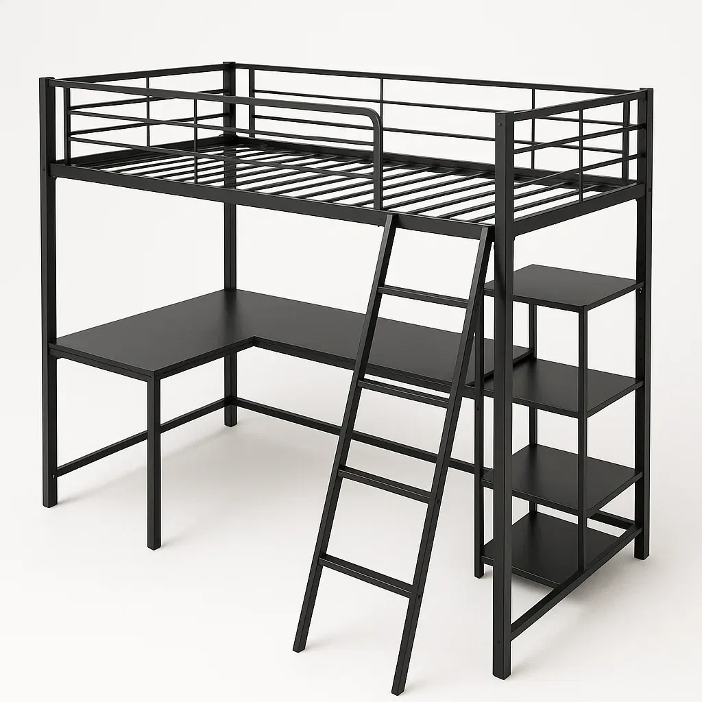 Våningssängar med skrivbord och hylla svart metall 200×90 cm