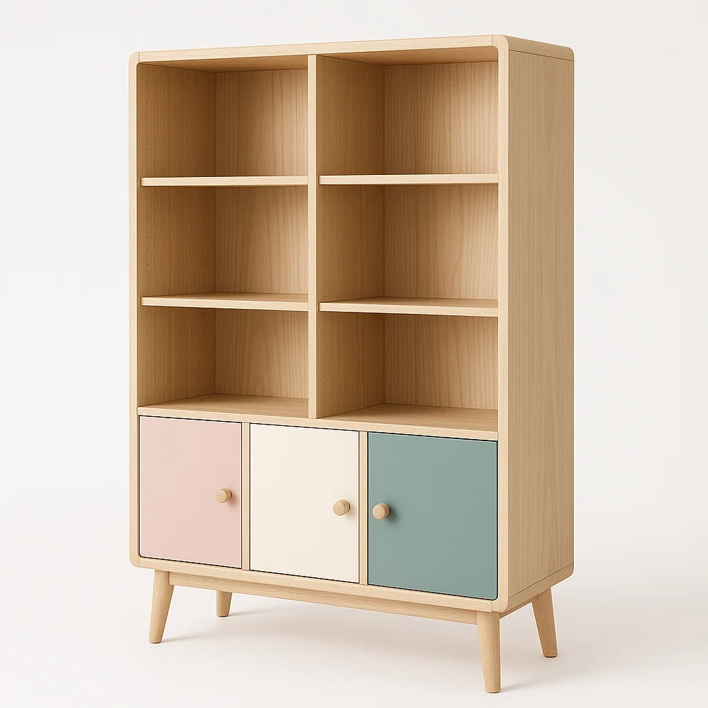 Bokhyllor i trä med tre dörrar i rosa/kräm/vinterblå