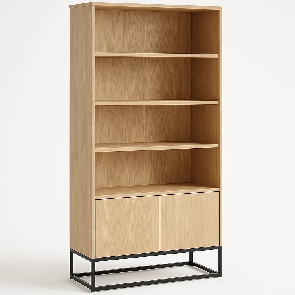 Bokhyllor i fanerad ek och metall med hyllor och skåp 180 cm hög