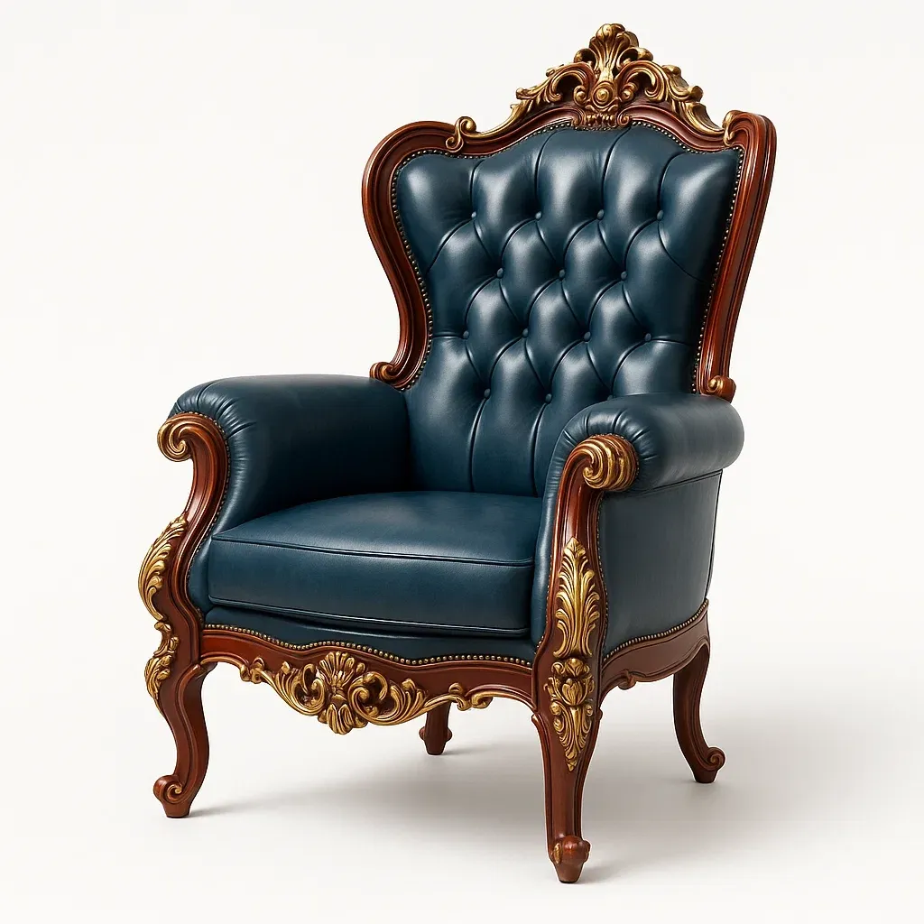 Fåtöljer blå Chesterfield i PU-läder med träsniderier