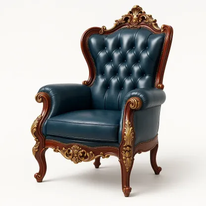 Fåtöljer blå Chesterfield i PU-läder med träsniderier