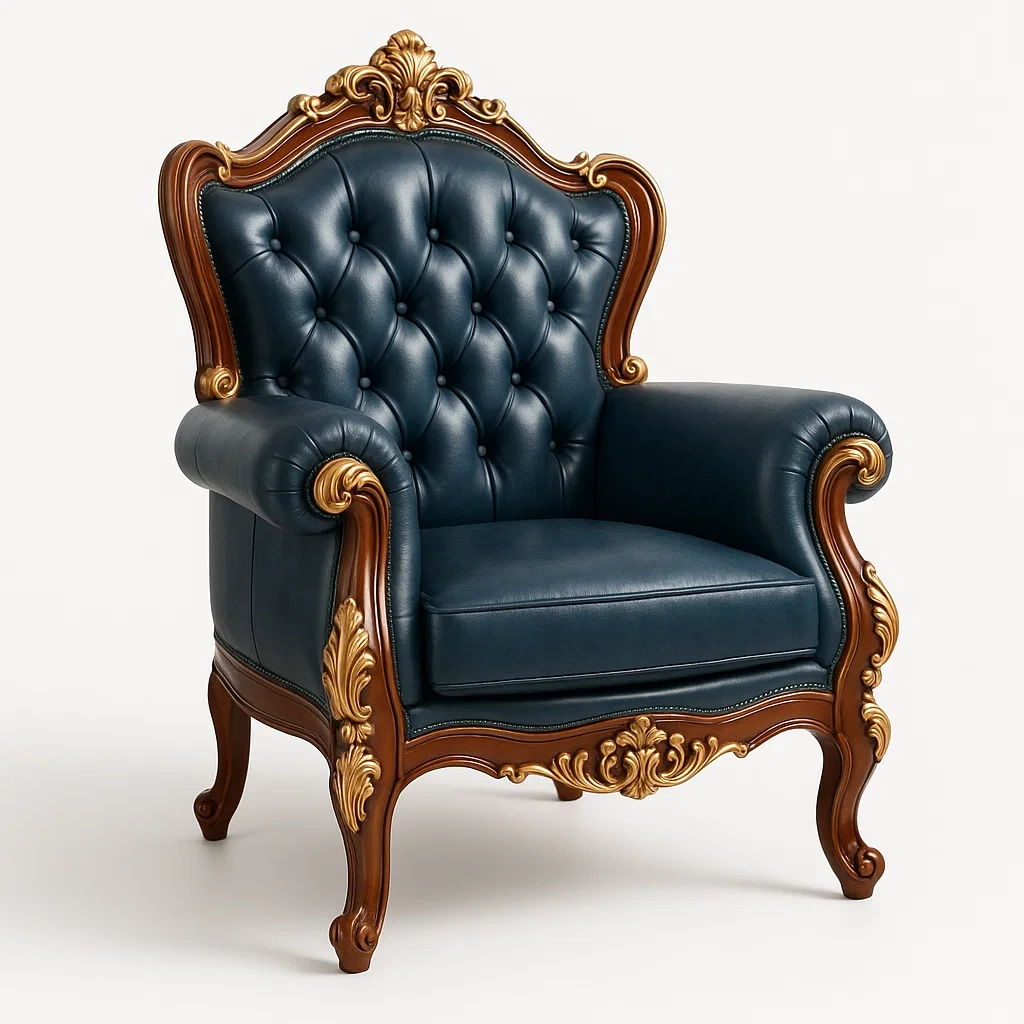 Fåtöljer i PU-läder med trädetaljer och guldaccenter