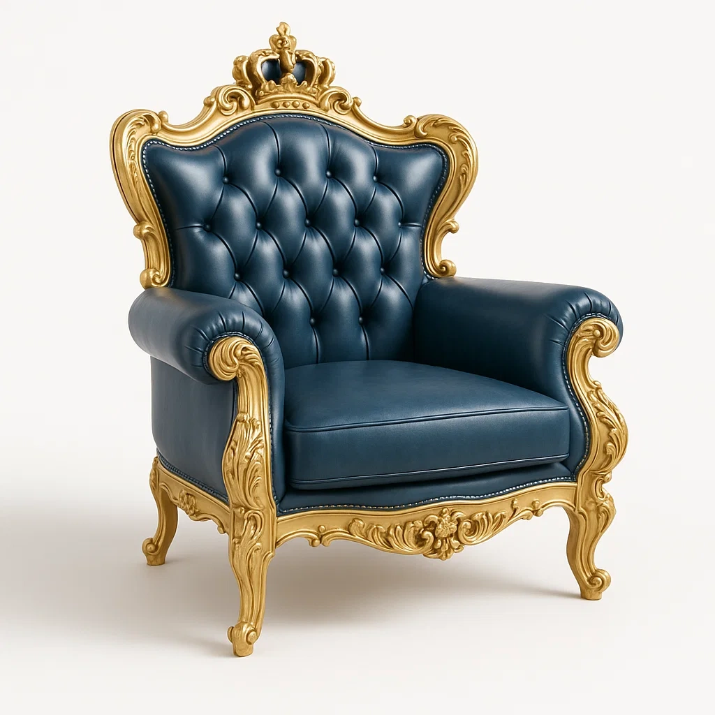 Fåtöljer i blått PU-läder med gyllene trädetaljer