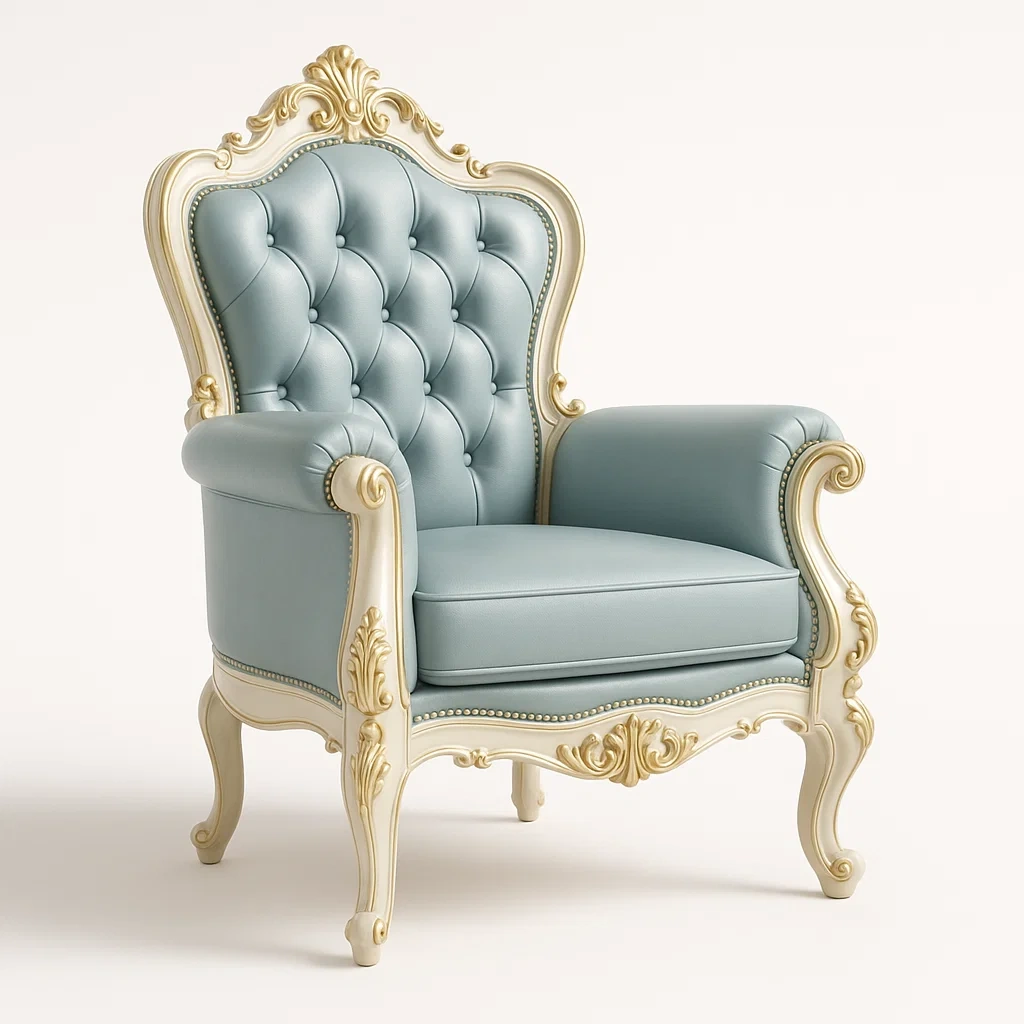 Fåtöljer i PU-läder med snidat trä och gulddetaljer i ljusblå
