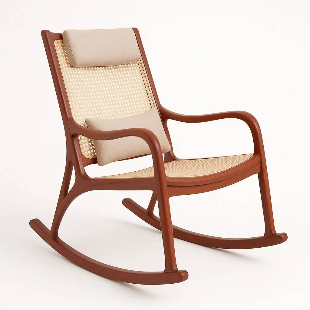 Gungstolar i trä och rotting med beige kuddar