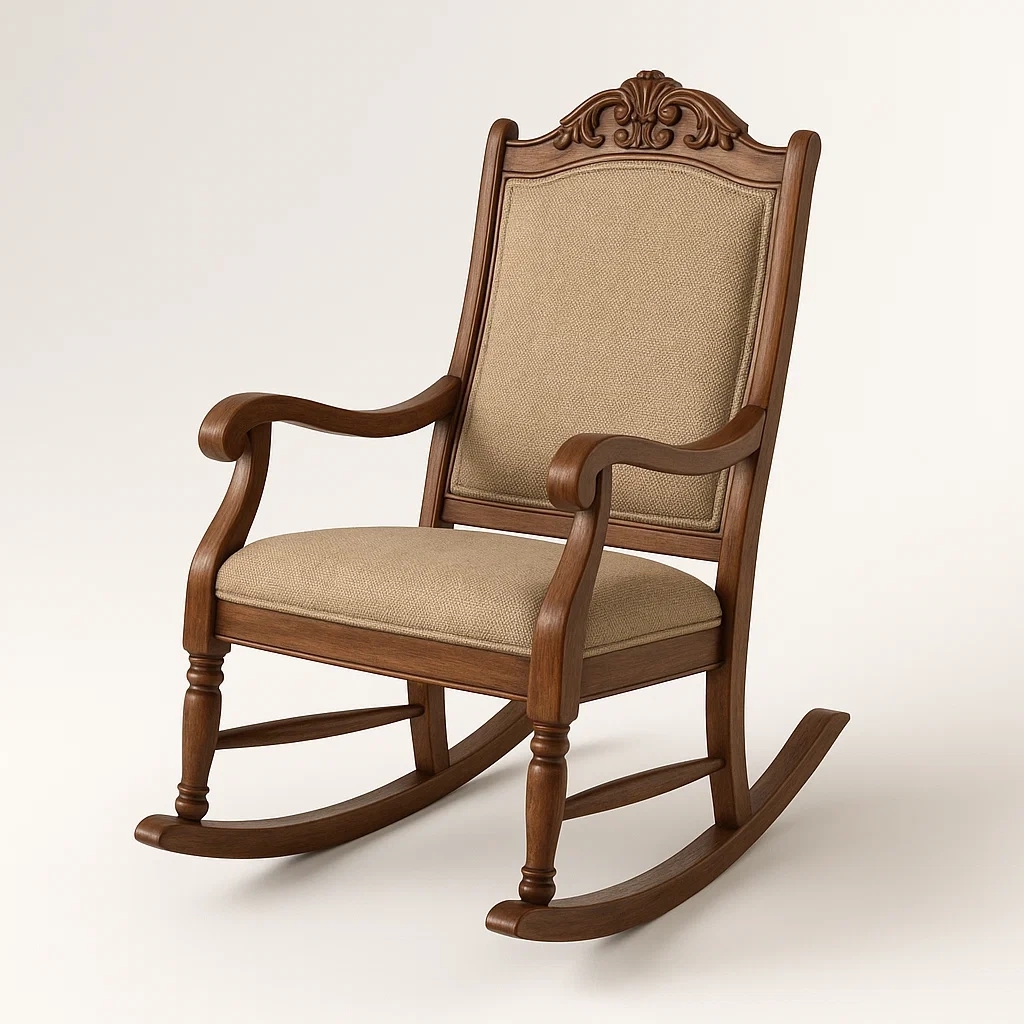 Gungstolar i massivt bokträ med linnetyg och dekorativ ryggstöd