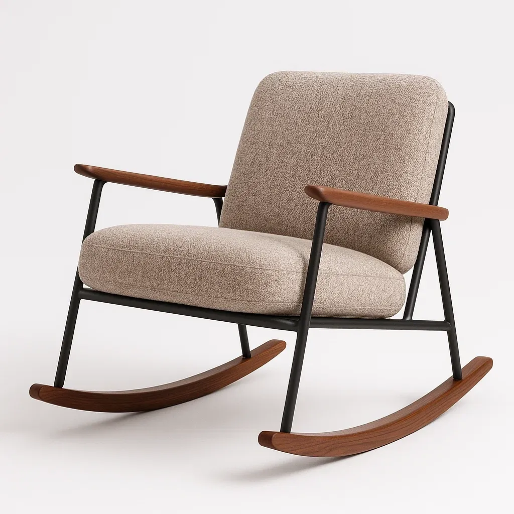 Gungstolar i metall och trä med beige tygklädsel