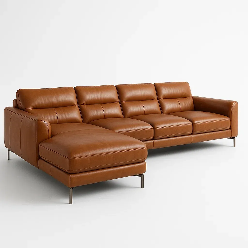 Hörnsoffor i brunt läder med metallben 300×160×85 cm