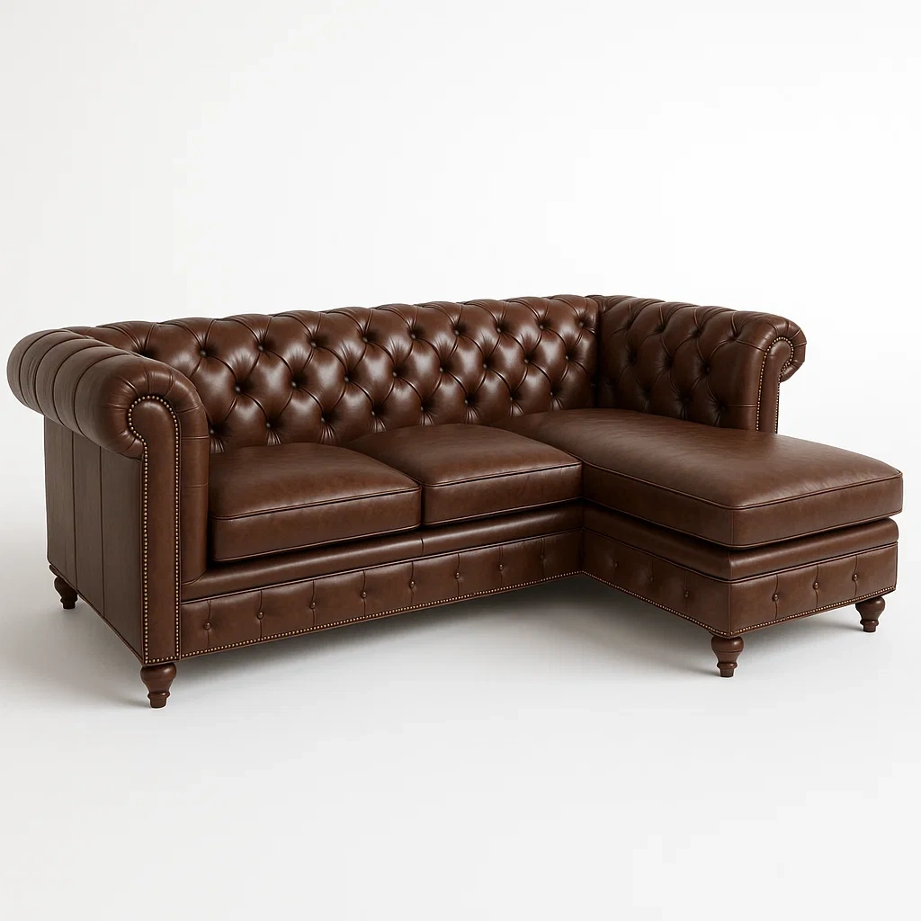 Hörnsoffor brun läderhörnsoffa med knappade ryggstöd