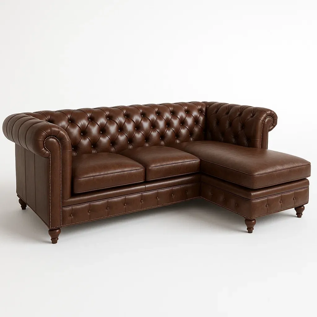 Hörnsoffor brun läderhörnsoffa med knappade ryggstöd