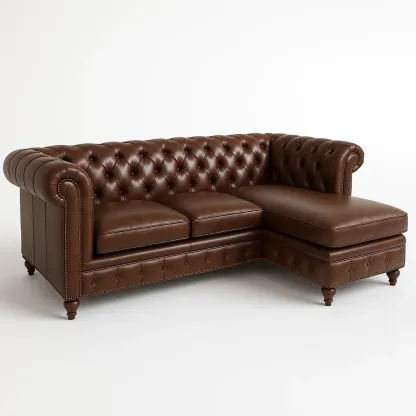 Hörnsoffor brun läderhörnsoffa med knappade ryggstöd