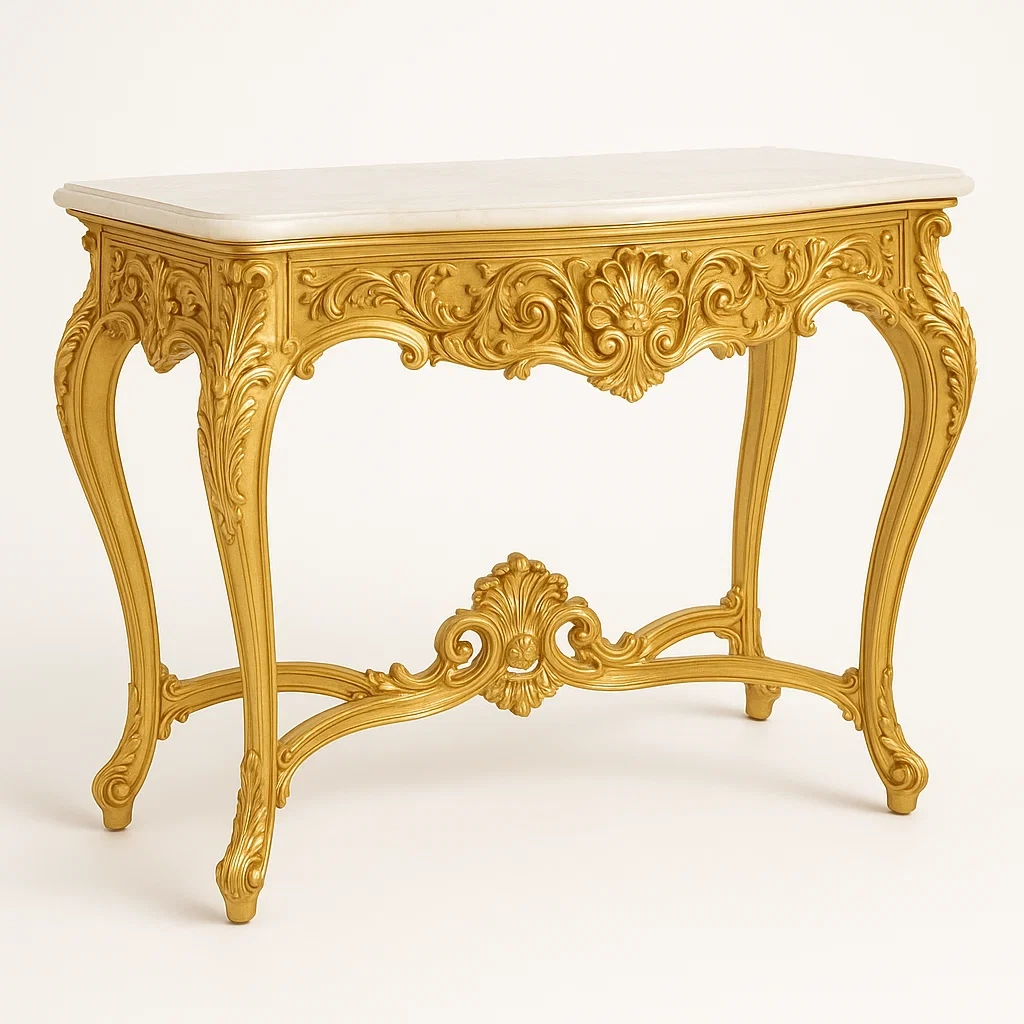 Konsolbord i guld med marmorskiva