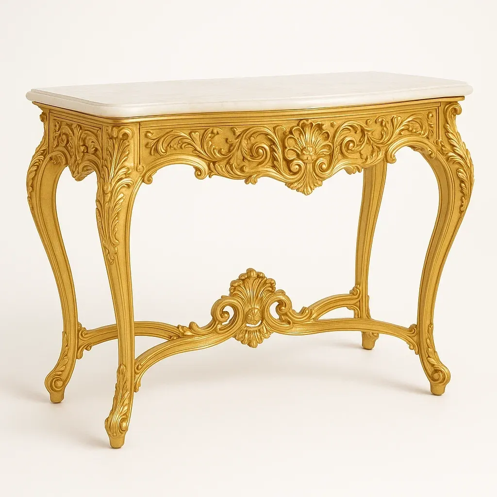 Konsolbord i guld med marmorskiva