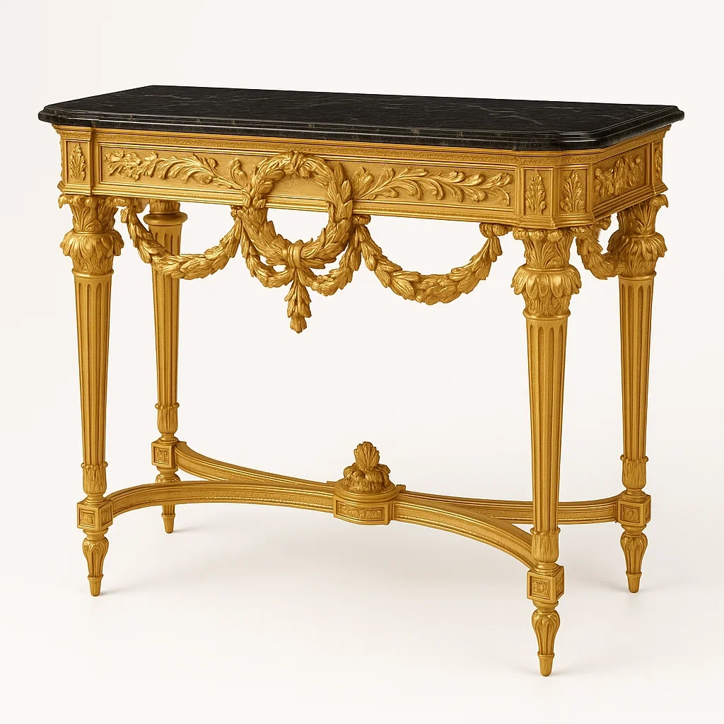 Konsolbord i svart marmor med gulddetaljer 120×40×80 cm