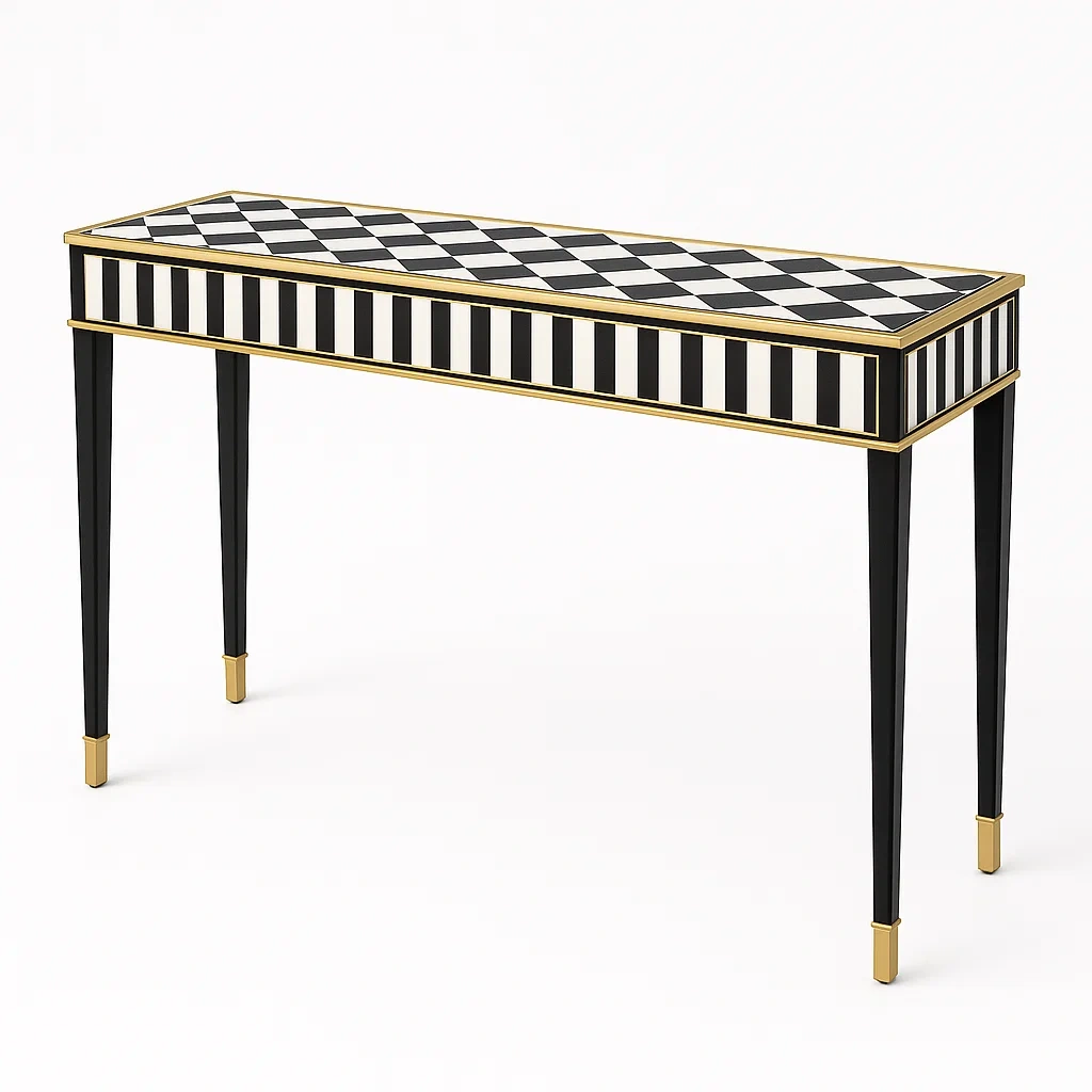 Konsolbord svartvit med mönstrad glas- och metallram 120×35×75 cm