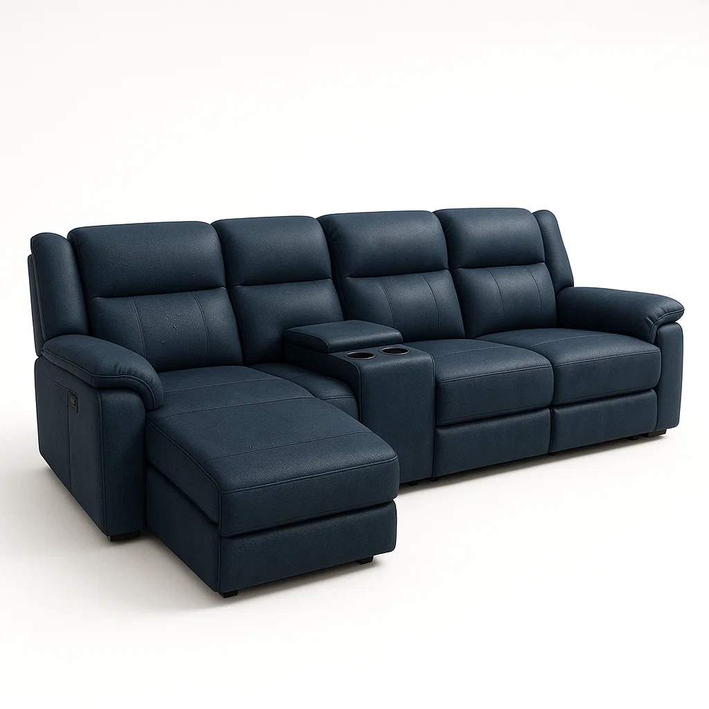 Modulsoffor blå L-formad i PU-läder med dryckeshållare och fällbara sittplatser